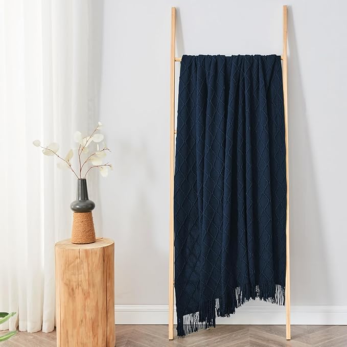 inhand Knitted Throw Blankets for Couch and Bed, Soft Cozy Knit Blanket with Tassel, Dark Blue Lightweight Decorative Blankets and Throws, Farmhouse Warm Woven Blanket for Men and Women, 60"x80"-Ruum Studio Home