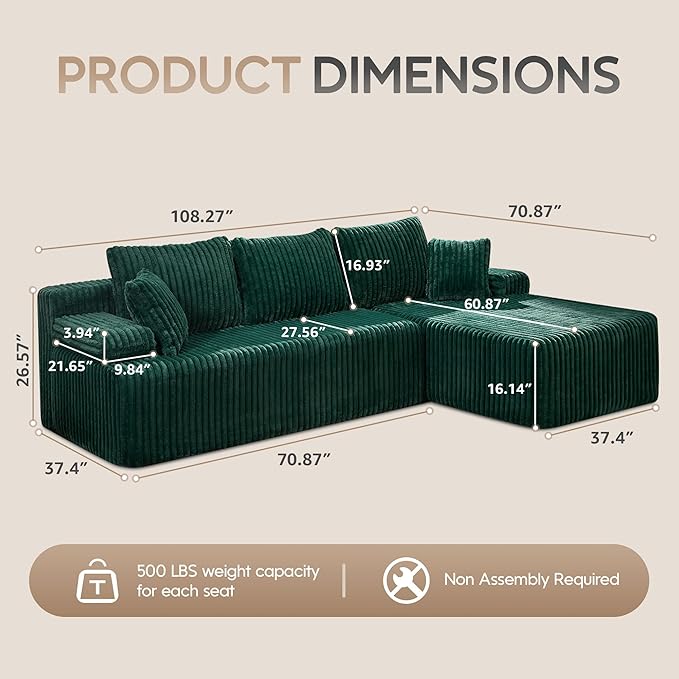 Hobestluk Modular Sectional Sofa Couches 108" L-Shape Couch 3 Seat Modular Sofa Memory Foam Sectional Couches for Living Room, Boneless Couch with Oversized Chaise (Green, Right Facing)-Ruum Studio Home