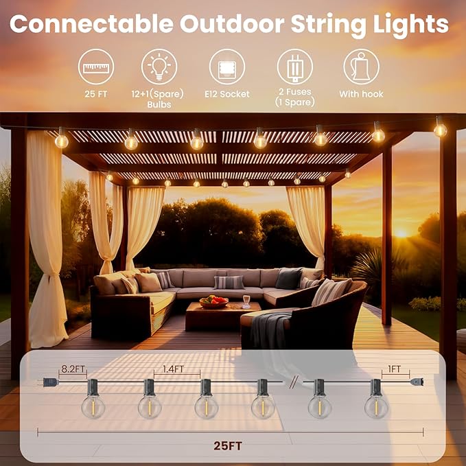 RTTY Outdoor String Lights 25 FT, G40 Led Patio Globe Lights with 13pcs Bulbs,Waterproof Shatterproof Dimmable Connectable Hanging for Cafe Bistro Backyard Gazebo Balcony Deck Party-Ruum Studio Home