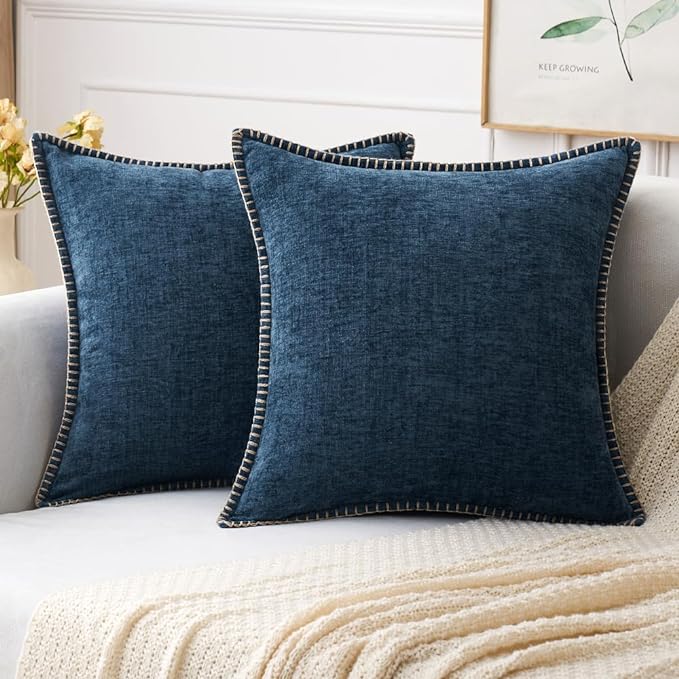 MIULEE Pack of 2 Couch Throw Pillow Covers 18x18 Inch Coastal Navy Blue Farmhouse Decorative Pillow Covers with Stitched Edge Soft Chenille Solid Dyed Spring Pillow Covers for Sofa Bed Living Room-Ruum Studio Home
