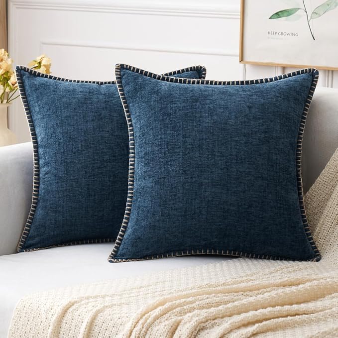 MIULEE Pack of 2 Couch Throw Pillow Covers 20x20 Inch Coastal Navy Blue Farmhouse Decorative Pillow Covers with Stitched Edge Soft Chenille Solid Dyed Spring Pillow Covers for Sofa Bed Living Room-Ruum Studio Home
