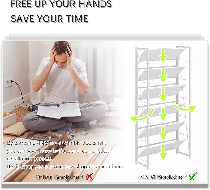 4NM No Assembly Foldable Bookshelf, 6-Shelf Collapsible Bookcase Storage for Small Spaces, 74" H, All White-Ruum Studio Home