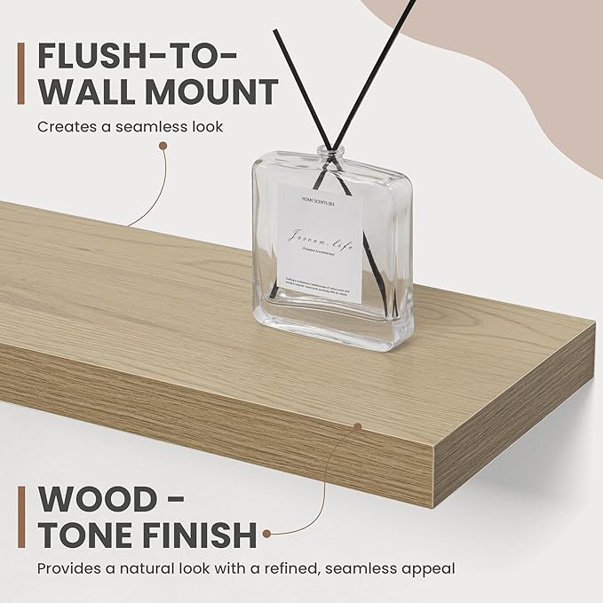 48 Inch Floating Shelves, 8 Inch Deep Floating Shelves for Wall, Hanging Shelf with Invisible Brackets, Deep Shelves for Bathroom, Bedroom, Living Room, Oak, Set of 1-Ruum Studio Home