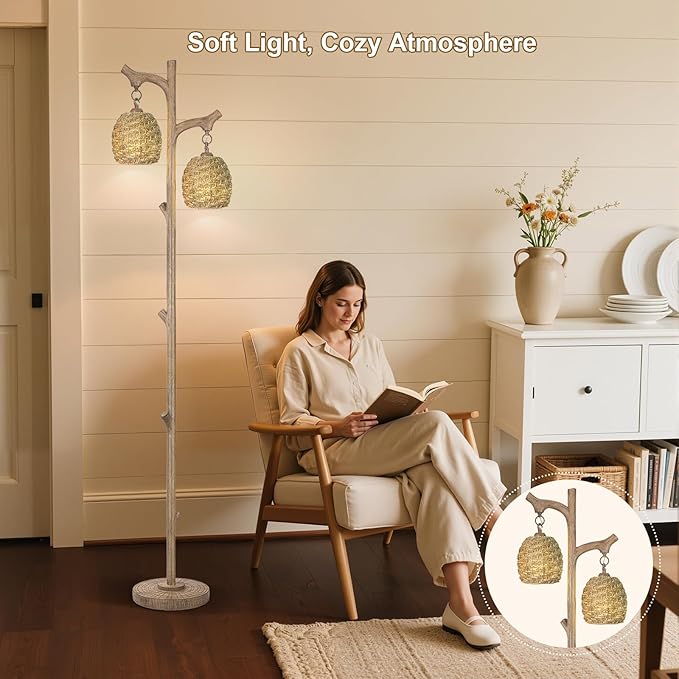 Scenekoy Vintage 68” Tall Floor Lamp with Straw Rope Woven Shade, Retro Resin Standing Lamp Tree Trunk Finish, Dimmable Corner Lamp Stand Up Light with Bulb Prefer for Living Room Bedroom Home Decor-Ruum Studio Home