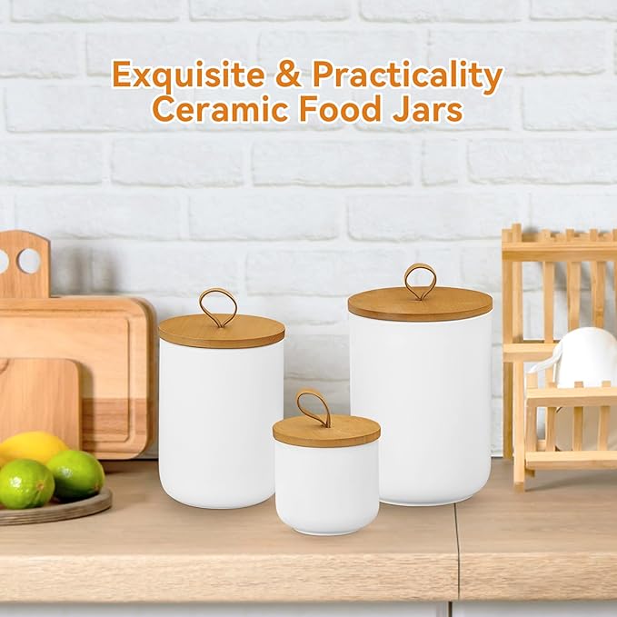 Canister Sets for Kitchen,Ceramic Kitchen Canisters for Countertop with Airtight Wood Lids for Serving Ground Coffee, Tea, Spice, Grains, Sugar, Salt (White Pack of 3 (8.7/27/44 Oz))-Ruum Studio Home