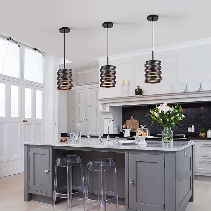 Modern Farmhouse Pendant Lights Kitchen Island, Industrial Multiple Rings Hanging Pendant Light Fixtures for Sink Bar Entrance Bathroom Hallway, Black with Gold Interior-Ruum Studio Home