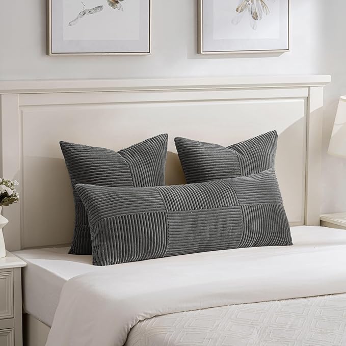 Fancy Homi 2 Packs Dark Gray Decorative Throw Pillow Covers 20x20 Inch for Living Room Couch Bed Sofa, Farmhouse Boho Home Decor, Soft Corss Corduroy Patchwork Accent Square Cushion Case 50x50 cm-Ruum Studio Home
