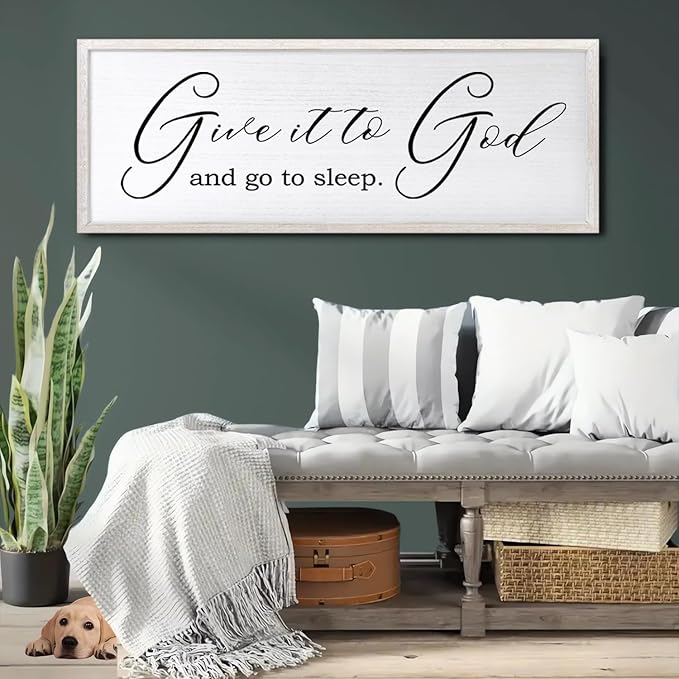 Give It To God And Go To Sleep Sign Wall Decor 40x15 Inch Large Farmhouse Master Bedroom Above Bed Hanging Wall Art Rustic Guest Room Wood Framed Over Bed Wall Decoration (White)-Ruum Studio Home