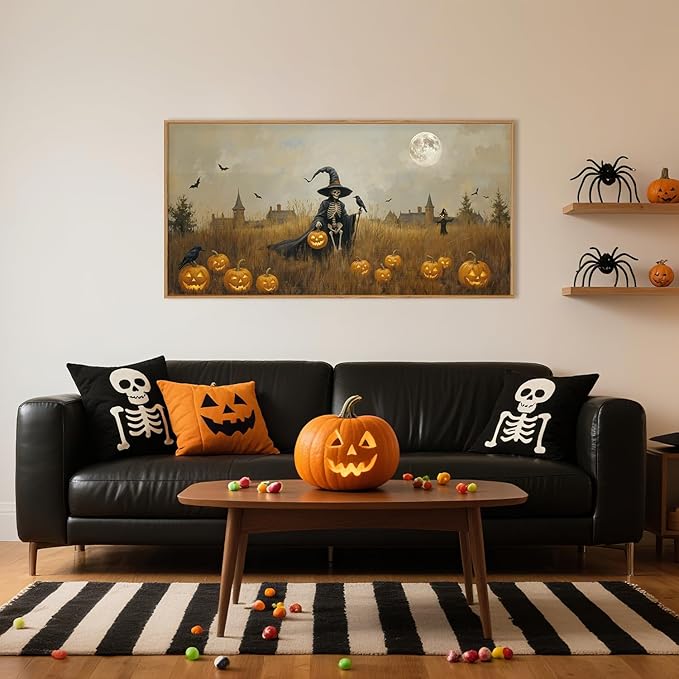 Celestdeco Halloween Ghost Reaper Framed Wall Art Set, Scary Witchy and Pumpkin Wall Decor, Horror Night Wall Painting,Full Moon Bats Art Prints for Living Room,Bedroom,Halloween Themed Party Decor-20"×40"-Ruum Studio Home