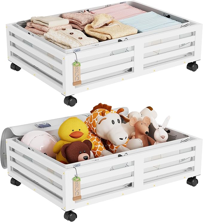 Under Bed Storage with Wheels-Large Bamboo Underbed storage Containers with Large Dust Bag Stackable Under the Bed Shoe Storage Bins for Clothes Books Bedding (2 Packs White, 23.62"L×16.54"W× 6.51"H)-Ruum Studio Home