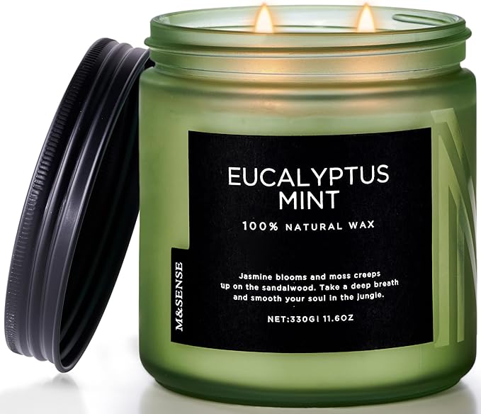 M&SENSE Eucalyptus & Mint Soy Candles for Home Scented, 11.6oz 70 Hour Burn Aromatherapy Candle Gift for Stress Relief, Meditation, Yoga, Relaxing SPA, Reusable Jar for Men and Women-Ruum Studio Home