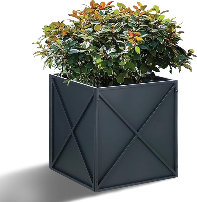 BAYN Metal Square Planter Box Tall Planters for Outdoor Plants Modern Heavy Duty with Drainage Holes for Outside Indoor Patio Deck - Grey, 17”x 17”x 18”-Ruum Studio Home