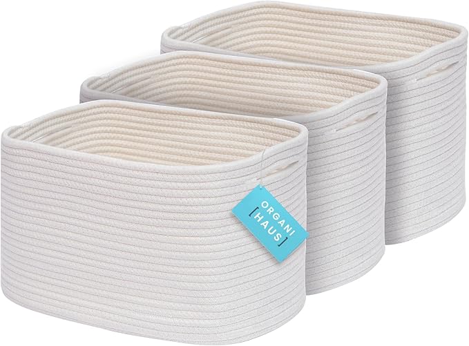 OrganiHaus Set of 3 Woven Storage Baskets for Organizing, Cotton Rope Organizer Bins for Shelves, Closet & Nursery, Dog Toy Basket, Decorative Bins for Toys, Towels & Books - 15x10x9, Off-White-Ruum Studio Home