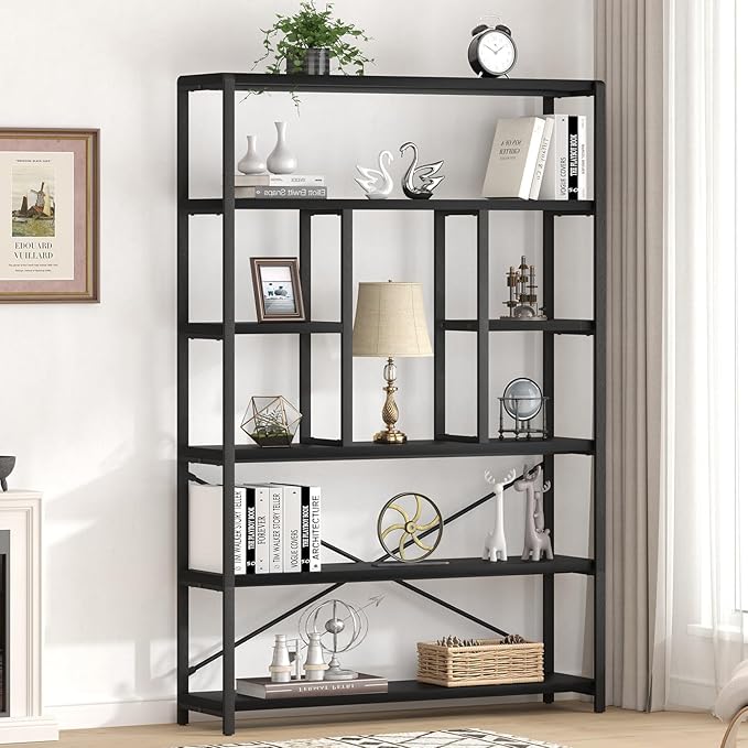 LVB 6 Tier Tall Black Bookshelf, Modern Large Wide Book Rack Storage, Industrial Wood Metal Etagere 6 Shelf Bookcase, Farmhouse Open Display Book Shelf Organizer for Bedroom Living Room Office, Black-Ruum Studio Home