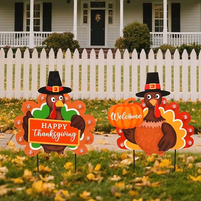 2 PCS Fall Decorations Outdoor Metal Happy Thanksgiving Decorative Garden Stakes with Led Light Welcome Pumpkin Turkey Yard Signs Fall Harvest Lawn Garden Lawn Pathway Decor-Ruum Studio Home