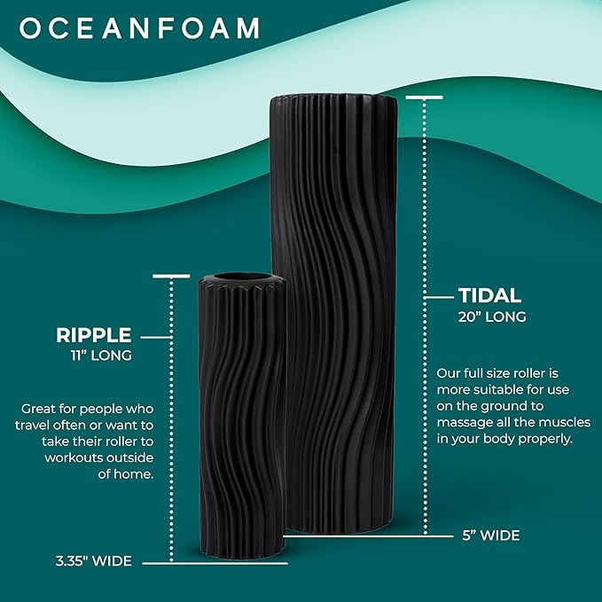 Oceanfoam Tidal Roller - Black - Muscle Massage Foam Roller for Back Pain & Stretching - Firm and Ergonomic Wide Wave Textured - Yoga, Athletics, & Wellness - Full Size, 20" x 5"-Ruum Studio Home