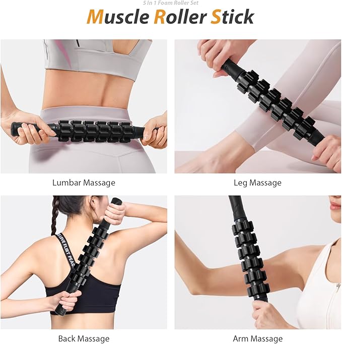 5 in1 Foam Roller Set, Trigger Point Foam Roller, Massage Roller Stick, Massage Ball, Resistance Band for Deep Muscle Massage Pilates Yoga,Fitness Exercise for Whole Body (Black-Red)-Ruum Studio Home