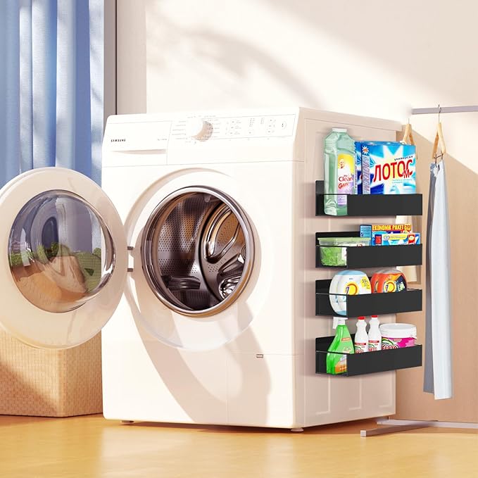 Magnetic Spice Rack Organizer for Fridge Seasoning Organizer for Kitchen storage with Screw or Adhesive Hanging,Magnetic Shelf with Hook for Refrigerator and Oven (Black, 5pack)-Ruum Studio Home