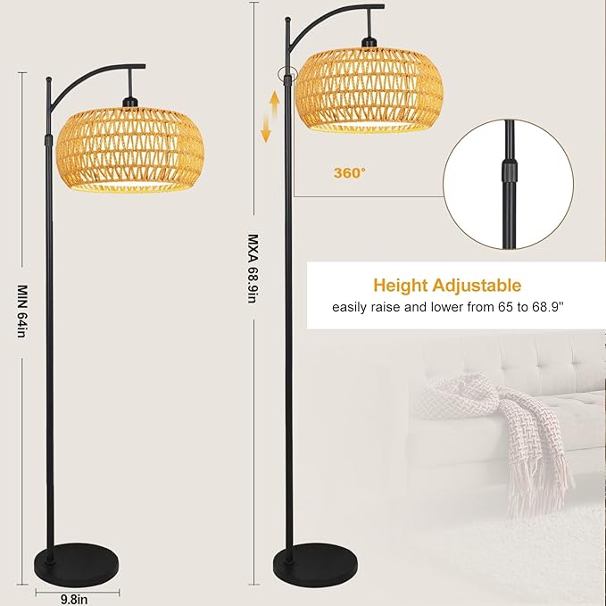 Arc Floor Lamps for Living Room Rattan Boho Floor Lamp with Remote Control,Dimmable LED Floor Lamp Wicker Lamp Shades Black Standing Lamp with 3 Color Temperature Tall Floor Lamps For Bedroom Corner-Ruum Studio Home
