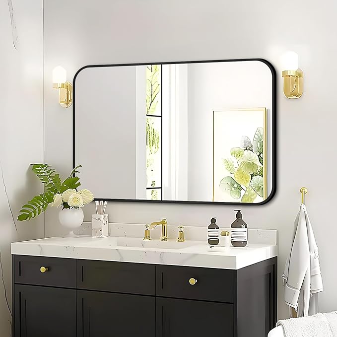 Fabuday Big Black Bathroom Mirror for Over Sink Wall - 26x38 Rounded Rectangle Mirror with Matte Metal Frame, Large Rectangular Vanity Mirrors for Bedroom, Entryway, Horizontally/Vertically-Ruum Studio Home