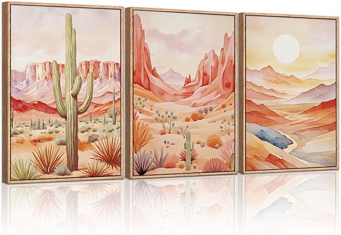 HLNIUC Boho Desert Plant Framed Canvas Wall Art Set,Southwestern Sun Mountain Wall Decor,Cactus Sunset Landscape Wall Painting,Watercolor Abstract Desert Art Prints for Living Room,Bedroom - 16”x24”x3-Ruum Studio Home