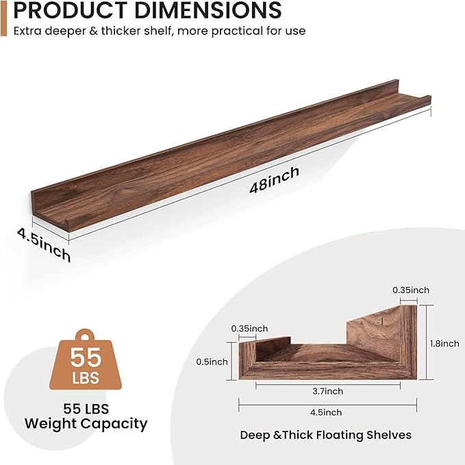 Fun Memories Picture Ledge Shelves Set of 2, 24 Inch Rustic Wall Mounted Floating Shelves with Lip for Home Storage and Décor in Bathroom, Kitchen, Nursery, Bedroom, Living Room, Walnut-Ruum Studio Home