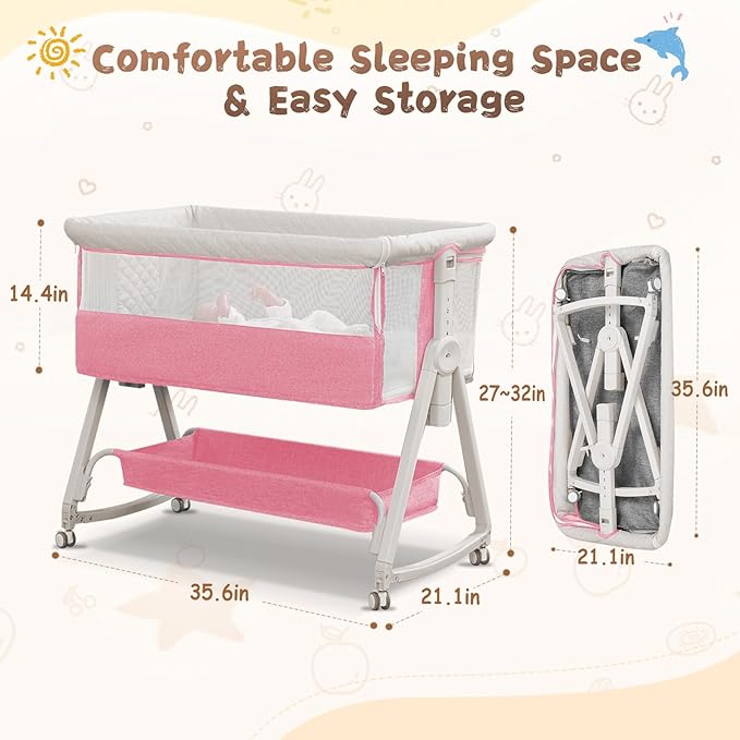 Baby Bassinet Bedside Sleeper for Baby,Bedside Bassinet with Wheels and Storage Basket, 6 Height Adjustable Bedside Crib(Upgrade Pink)-Ruum Studio Home