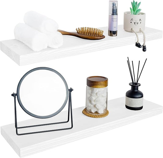BGMG Wood Floating Shelves for Wall 30 inch Set of 2,White Floating Shelves,Solid Wood Wall Mount Shelves for Bathroom Living Room Bedroom Kitchen Farmhouse -30x 6.7 x1.25 inch-Ruum Studio Home