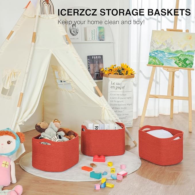 Storage Baskets for Organizing, Storage Basket for Shelves, Toy Towel Basket for Bathroom Nursery, Woven Cotton Rope Baskets for Decor, 15"x11"x9.5", 3 Packs, Brick Red-Ruum Studio Home