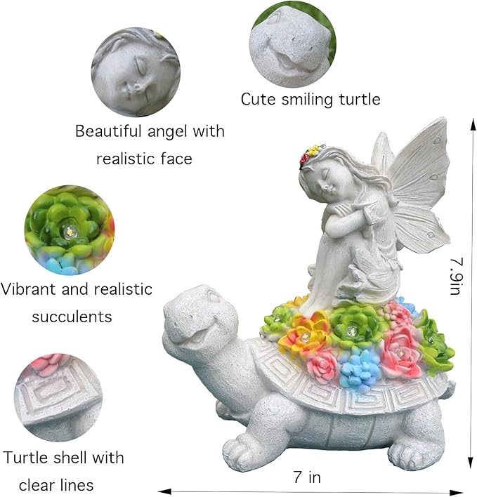 Garden Statues Outdoor Decorations Solar Turtle Angels Decor with Succulents LED Lights Garden Ornaments Figurines for Patio Yard Lawn Gifts for Women Grandma-Ruum Studio Home