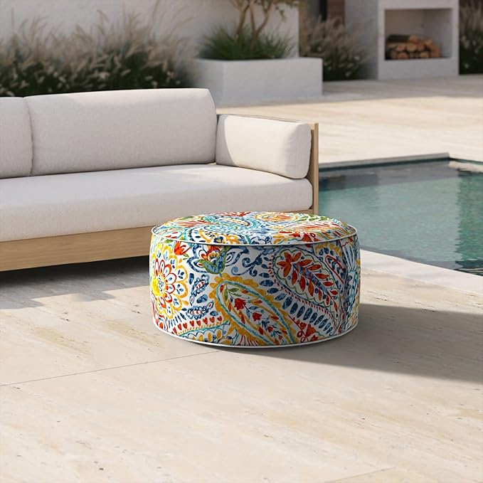 Inflatable Ottoman Stool D21 xH9 for Outdoor/Indoor Use, Water Repellent Patio Foot Rest Stool with Portable Handle,Round Pouf Ottoman Suitable for Garden,Deck and Camping - Paisley Multi-Ruum Studio Home