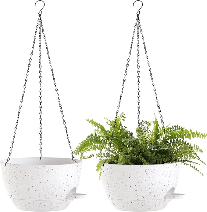 12 Inch Hanging Baskets 2 PC with Chains, Self-Watering Hanging Planters for Indoor Outdoor Plants, Plastic Hanging Flower Pots,Speckled White-Ruum Studio Home