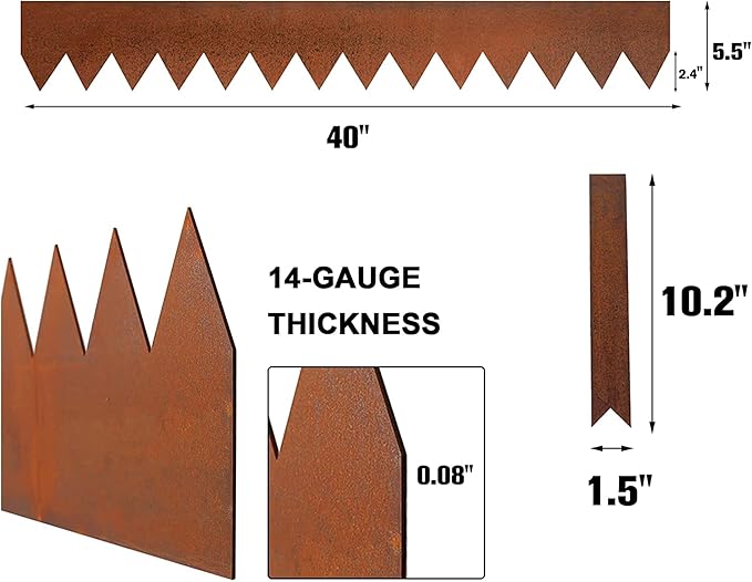 Worth Garden 6 Pack Pre-Rusted Cor-Ten Steel Landscape Edging - 40" L x 5.5" H Each (20ft Total) - No-Dig Hammer-in Heavy Duty 14-Gauge Metal Border w/ 7 Clips & Gloves - Edge for Lawn Yard-Ruum Studio Home