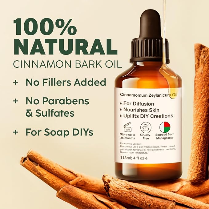 Kukka Cinnamon Essential Oil for Skin & Diffuser - 4 Fl Oz - 100% Pure Natural Cinnamon Oil, Aromatherapy and Candles & Soap Making Scent DIY-Ruum Studio Home