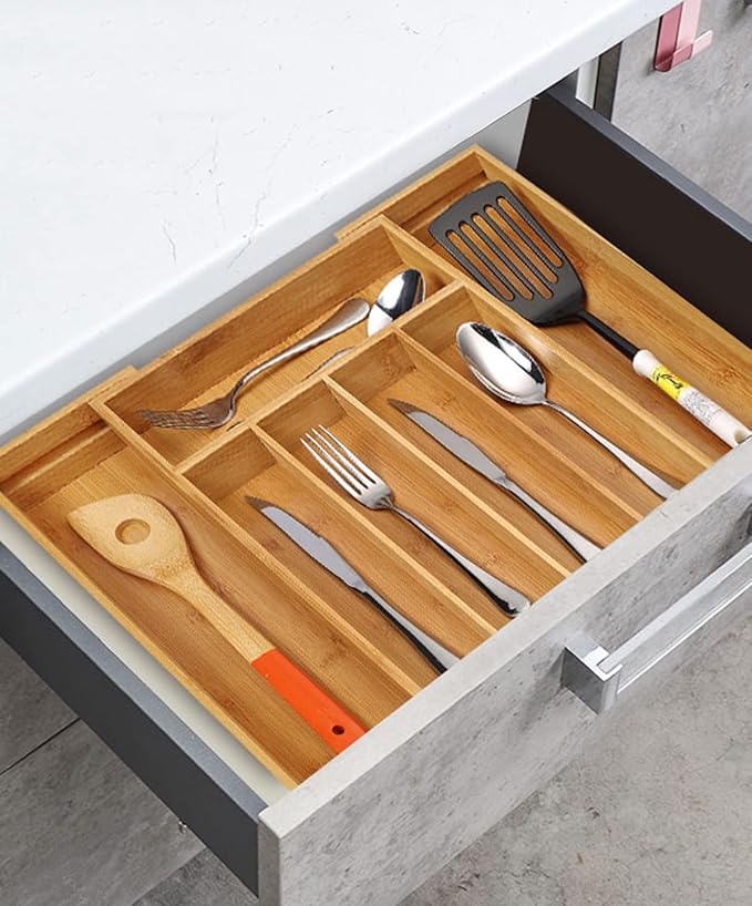 Utoplike Bamboo Cutlery Tray Silverware, Drawer Dividers for Kitchen Utensils, Flatware Tray Drawer Insert for knives, Gadgets and Garage Tools, Office Supplies-Ruum Studio Home
