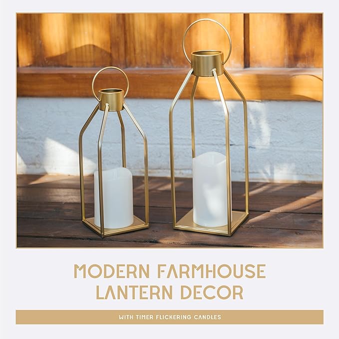 HPC Decor Modern Farmhouse Lantern Decor- Gold Metal Candle Lanterns for Christmas- Lanterns Decorative w/Timer Flickering Candles for Living Room, Home, Indoor, Outdoor, Table,Fireplace Mantle Decor-Ruum Studio Home