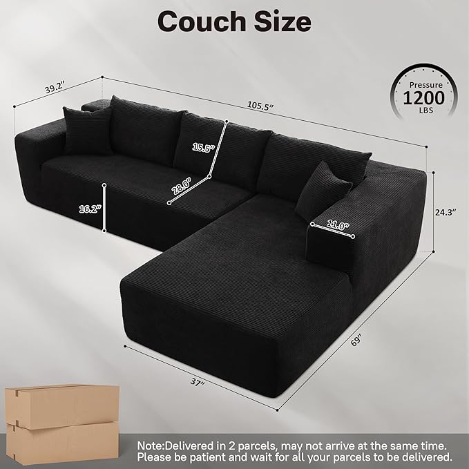 104" Cloud Sectional Couches for Living Room,L Shaped Boneless Couch in A Box,Sleeper Sofa with Comfy Chaise No Assembly Required,Black-Ruum Studio Home