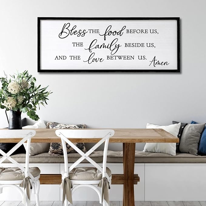 Bless the Food Before Us, the Family Beside Us, and the Love between us Framed Wall Art for Christian God Jesus Christ Prayer, 32''×12'' Positive Holy Religious Rustic Bible Verse for Dining Room-Ruum Studio Home