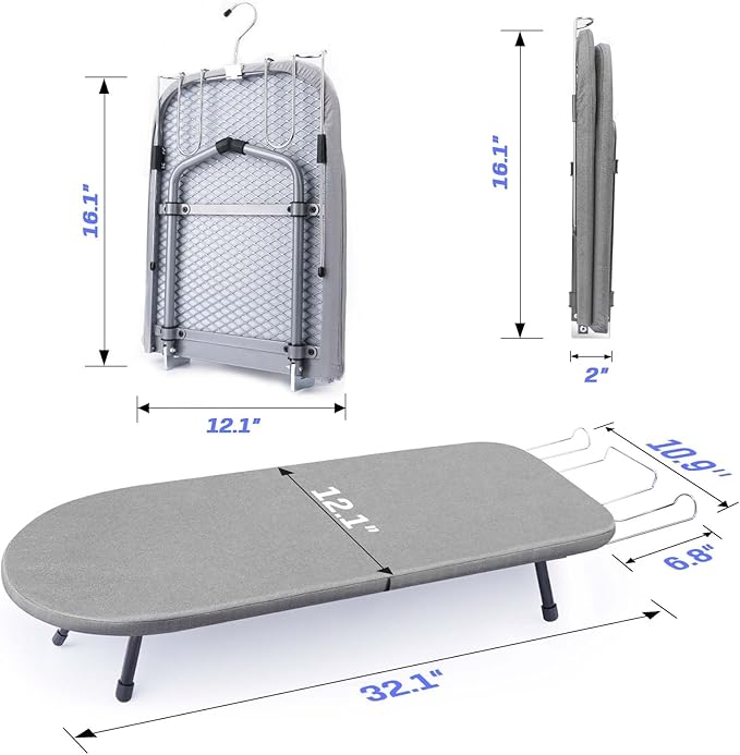 Tabletop Ironing Board with Iron Rest, Metal Mesh Panel Mini Ironing Board with Heat Resistant Cover, Portable Small Iron Board Foldable for Dorms, Apartment and Travel, 32" x12'', Grey-Ruum Studio Home