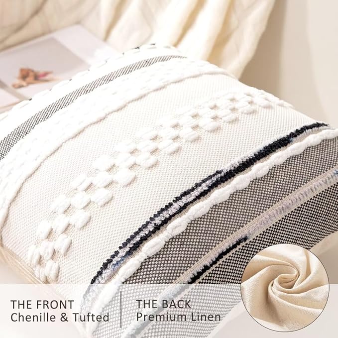 Boho Throw Pillow Covers 18x18 Set of 2 Farmhouse Decorative Cushion Case Striped Square Pillows Cover Chenille Pillow Cases Accent Neutral Pillowcase for Sofa Couch Bed,White-Ruum Studio Home