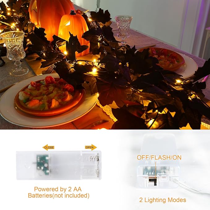 Joyhalo 2 Pack Halloween Garland with Lights, Black Maple Leaves Lighted Garland for Mantle, 5.7FT Light Up Leaf Autumn Vines Outdoor for Door Frame, Fireplace and Thanksgiving Fall Decor