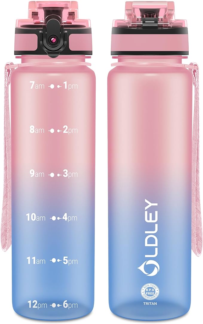OLDLEY 32 oz Water Bottle, Motivational Water Bottle with Time Marker, Sports Water Bottle With Strap, Leakproof & BPA Free Large Water Bottles for School, Gym, Travel, Outdoor, Tritan,Pink&Blue-Ruum Studio Home