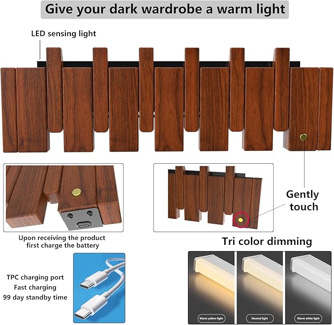 Wall Mounted Piano Key Hanger | Flip Style Hook | Entrance Wall Art Hook, Made of Oak Wood (3 Times Painted, 4 Times Polished) (LED Walnut, 6Hooks)-Ruum Studio Home