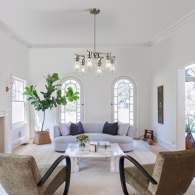 6-Light Farmhouse Brushed Nickel Chandelier,Modern Chandeliers for Dining Room Light Fixture Over Table,Adjustable Hanging Industrial Rustic Pendant Lights Kitchen Island Light with Clear Glass Shade-Ruum Studio Home