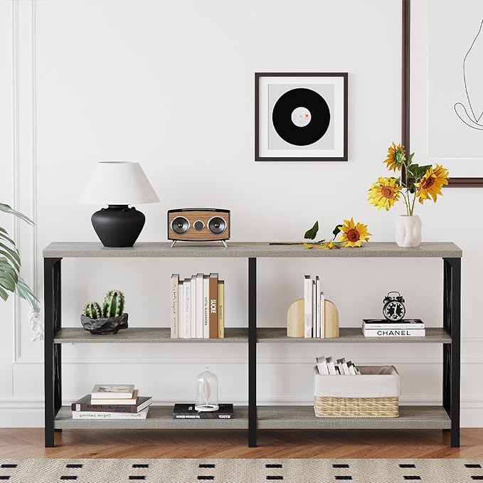 LVB Industrial Entryway Table, Farmhouse Rustic Console Table Behind Couch, Long Metal Wooden Sofa Table with Storage Shelf, Modern Foyer Hallway for Living Room Bedroom, Light Grey Oak, 63 in-Ruum Studio Home