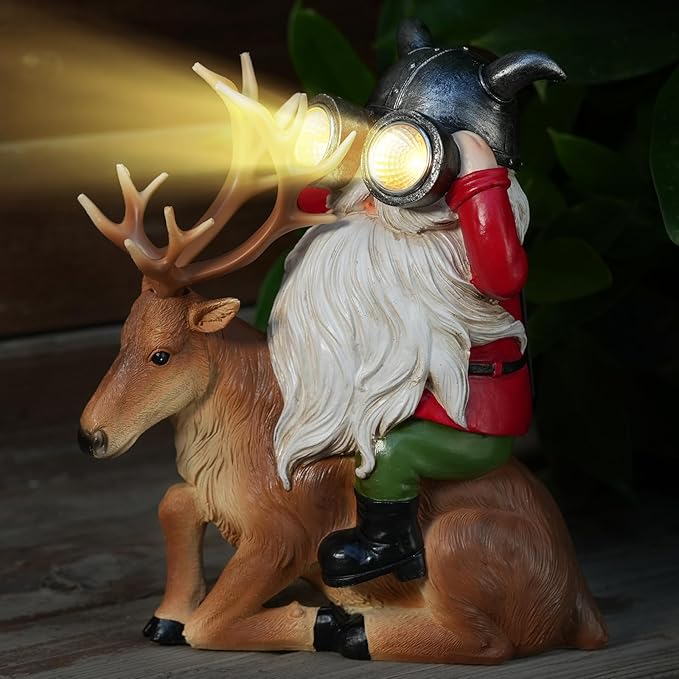 Garden Gnome Statues Resin Gnome Sitting On Deer Statues Solar Lights Outdoor Telescope Gnome Gifts for Yard, Patio Decor Gift (Deer Gnome)-Ruum Studio Home