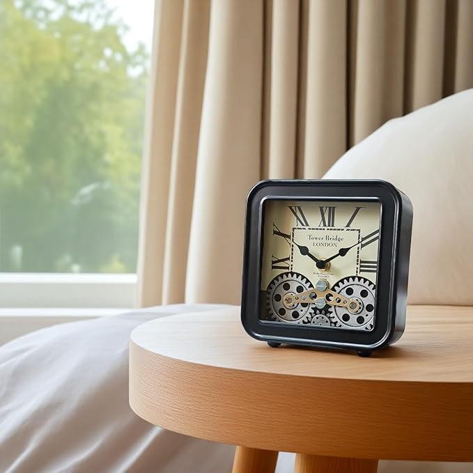 Desk Clock Vintage Metal Table Clocks with Moving Gears, Silent Retro Industrial Steampunk Quartz Small 6 inch End Table Clock for Home Office Living Room Decor Battery Operated (Black)-Ruum Studio Home
