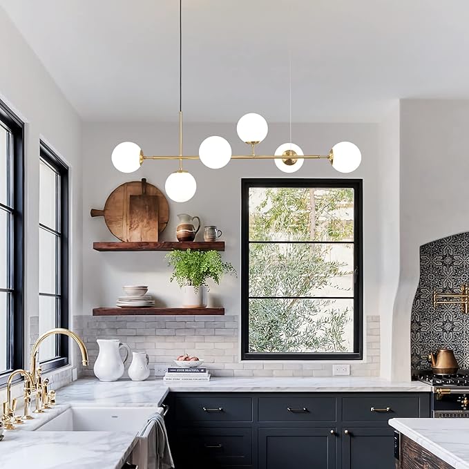 KCO Lighting Modern Globe Linear Chandelier 6 Light Milk Glass Chandeliers White and Gold Pendant Light Fixture Mid Century Rectangle Chandelier Brass Sputnik Island Lights for Kitchen-Ruum Studio Home