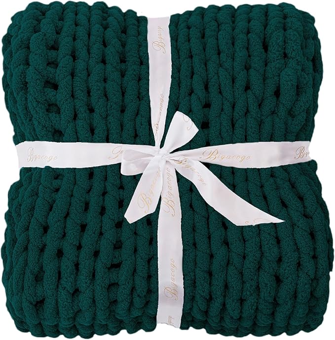 Bigacogo Chunky Knit Throw Blanket for Couch, 51x63 inches, 100% Hand Knitted with Thick Jumbo Chenille Yarn, Cozy Soft Large Rope Knot Cable Crochet Blankets for Sofa Bed Living Room, Dark Green-Ruum Studio Home