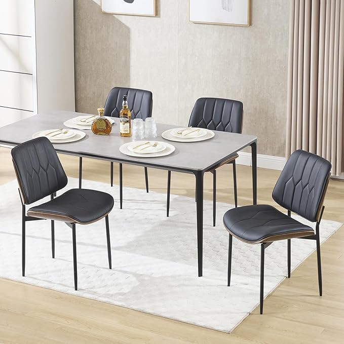BV Mid Century Modern Dining Chairs Set of 4, Upholstered Pu Leather Armless Accent Chair with Walnut Bentwood Back, Retro Kitchen Chair for Dining Room, Living Room, Kitchen, Black-Ruum Studio Home